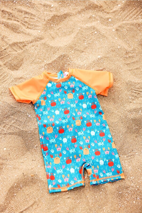 İYİBU Bebek Yüzücü Tulum Mayo Kısa Kollu Su Itici Esnek Yengeç Desenli Dar Kalıp Plaj Ve Havuz Bebek Mayo