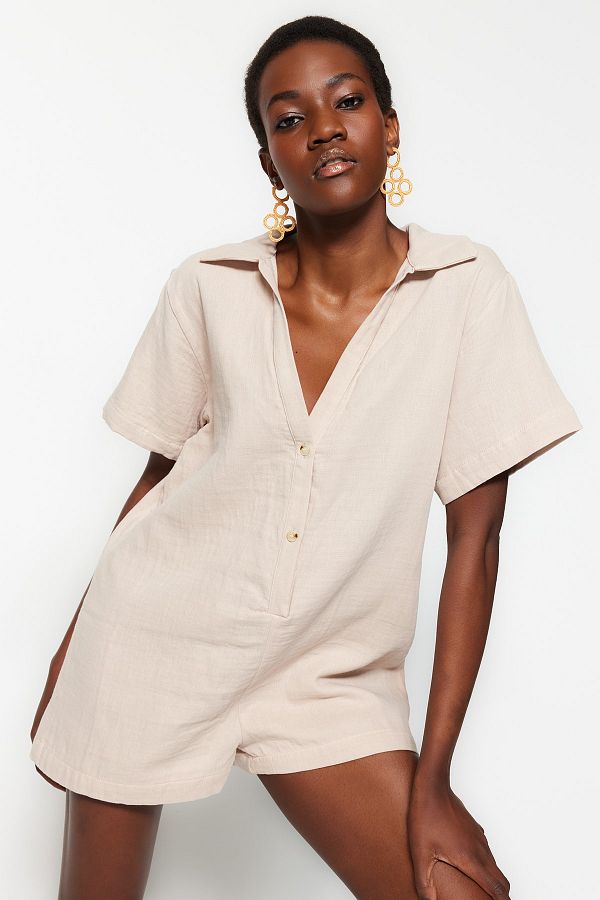 Trendyol Collection-Ολόσωμη φόρμα παραλίας Ecru Wide Fit Woven Muslin TBESS23TU00001 1