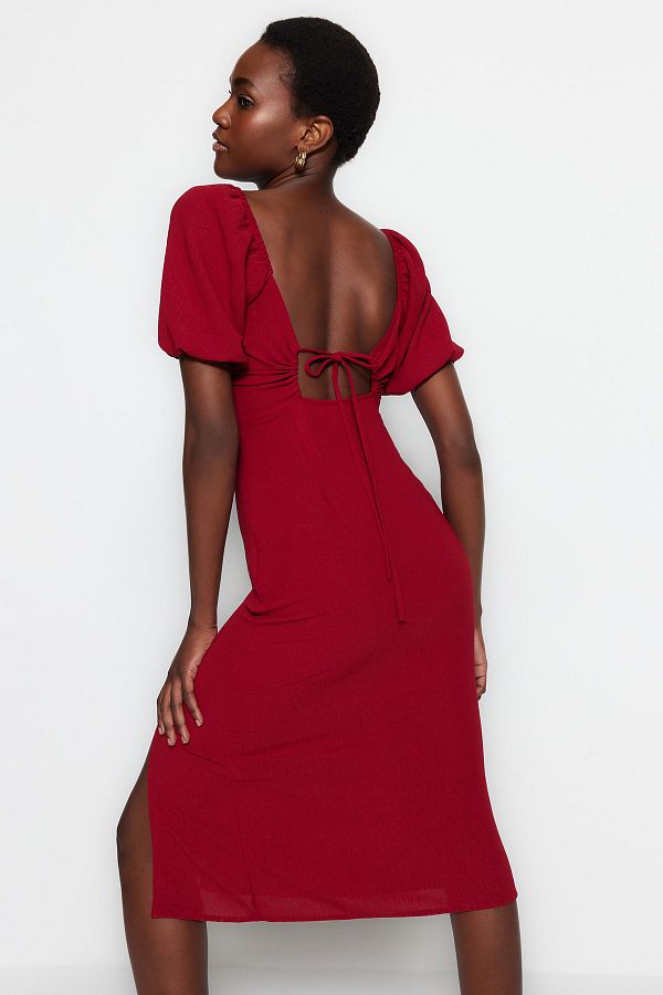 Trendyol Collection Burgundy Fitted Midi Woven Dress with Slit and Back Detail TWOSS23EL01164 Trendyol