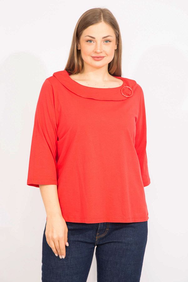 Şans-Women's Red Large Size Cotton Fabric Blouse with Ornamental Buckle Collar 65n35573 1