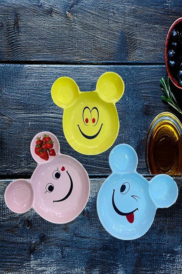 Artistic Quality Eğlenceli Çocuk Gülen Yüz Emojili Mama, Yemek, Kahvaltı Ve Pasta Tabağı 3 Adet Pembe-mavi-sarı