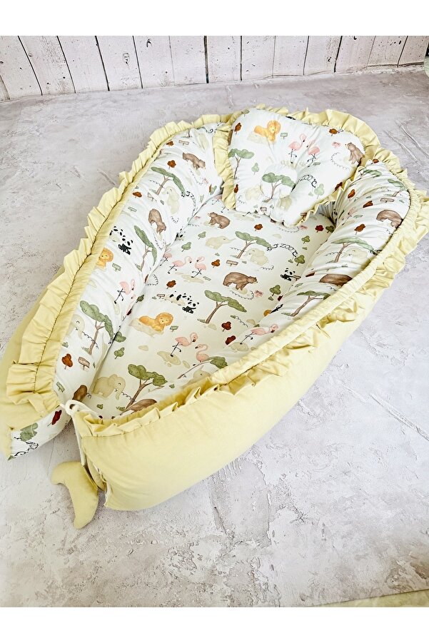 JUNİPERUS Baby Nest Zoo Fırfırlı Ortopedik Çift Taraflı Bebek Yatağı Anne Yanı Bebek Yatağı