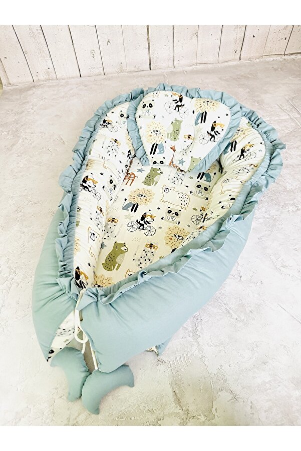 JUNİPERUS Baby Nest Hayvanlar Fırfırlı Ortopedik Çift Taraflı Bebek Yatağı Anne Yanı Bebek Yatağı