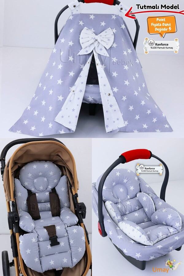 Umaybebek 4 Parça - Puset Örtüsü, Bel Destekli Bebek Arabası Minderi, Puset Minderi, Puset Çarşafı - Tutmalı