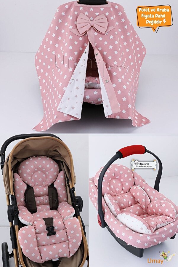 Umaybebek 4 Parça - Puset Örtüsü, Bel Destekli Bebek Arabası Minderi, Puset Minderi, Puset Çarşafı - Panço