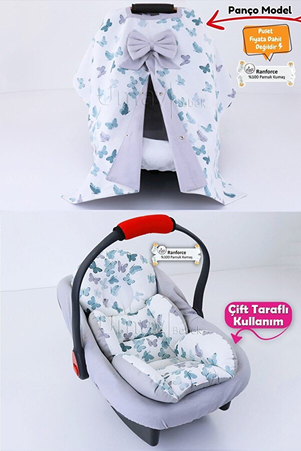 Umaybebek 3 Parça - Puset Örtüsü, Bel Destekli Puset Minderi, Puset Çarşafı, %100 Pamuk - Panço