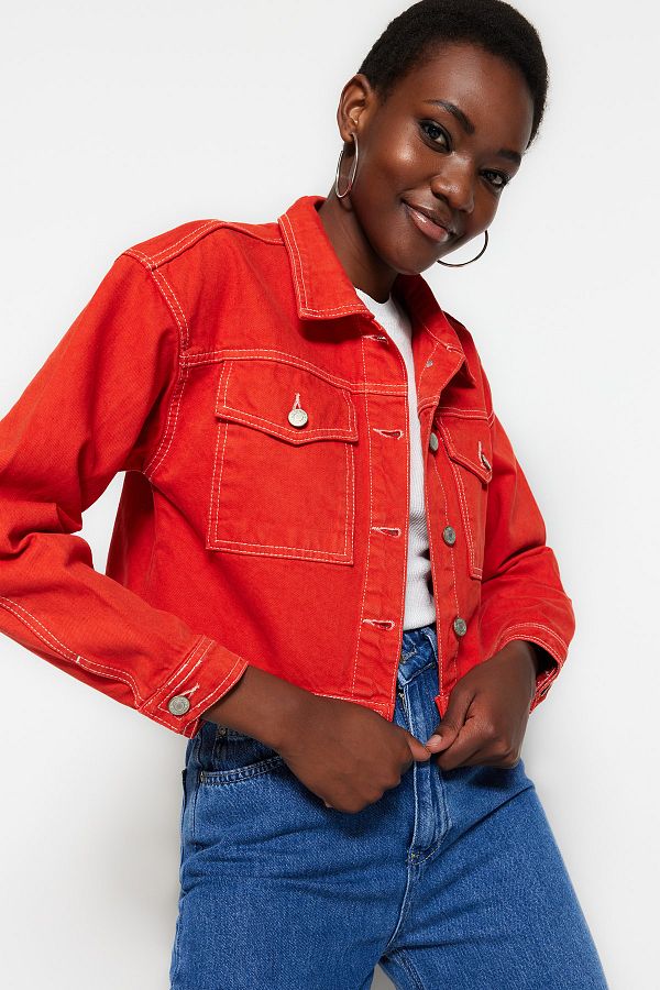 Red cropped denim jacket top