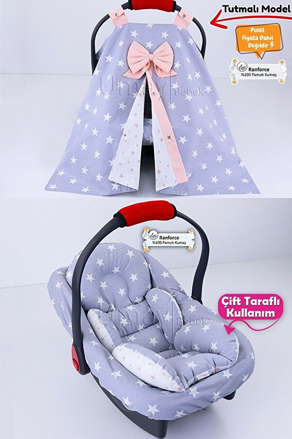 Umaybebek 3 Parça - Puset Örtüsü, Bel Destekli Puset Minderi, Puset Çarşafı, %100 Pamuk- Tutmalı