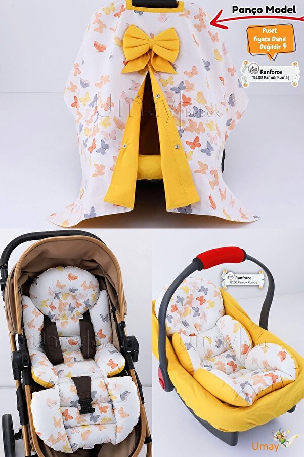 Umaybebek 4 Parça - Puset Örtüsü, Bel Destekli Bebek Arabası Minderi, Puset Minderi, Puset Çarşafı - Panço