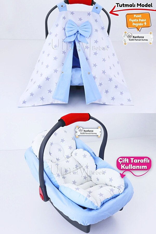 Umaybebek 3 Parça - Puset Örtüsü, Bel Destekli Puset Minderi, Puset Çarşafı, %100 Pamuk- Tutmalı