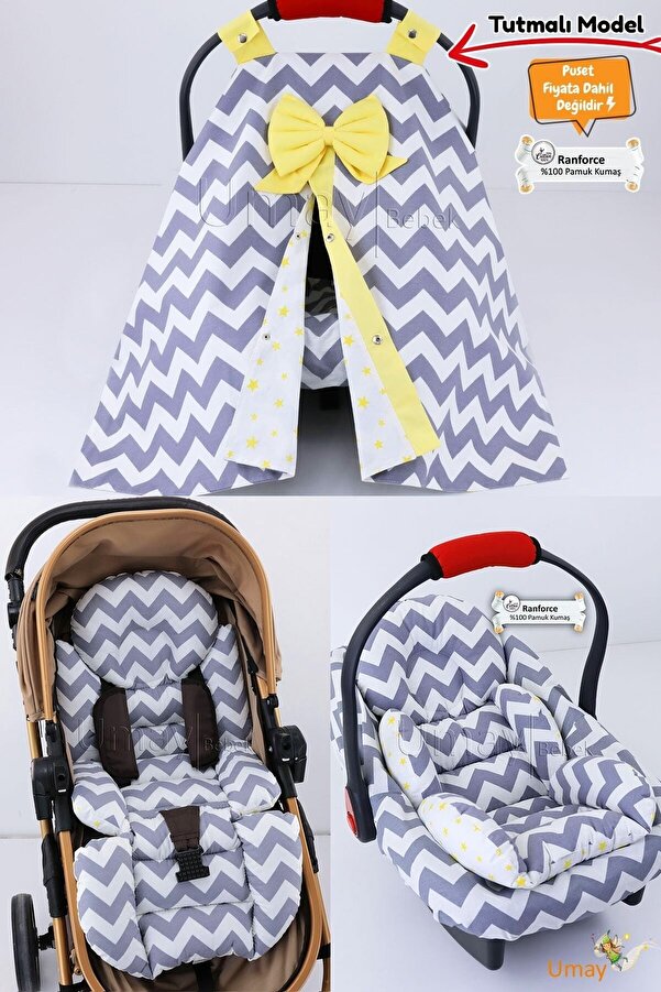 Umaybebek 4 Parça - Puset Örtüsü, Bel Destekli Bebek Arabası Minderi, Puset Minderi, Puset Çarşafı - Tutmalı