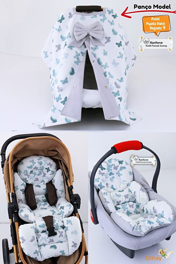Umaybebek 4 Parça - Puset Örtüsü, Bel Destekli Bebek Arabası Minderi, Puset Minderi, Puset Çarşafı - Panço