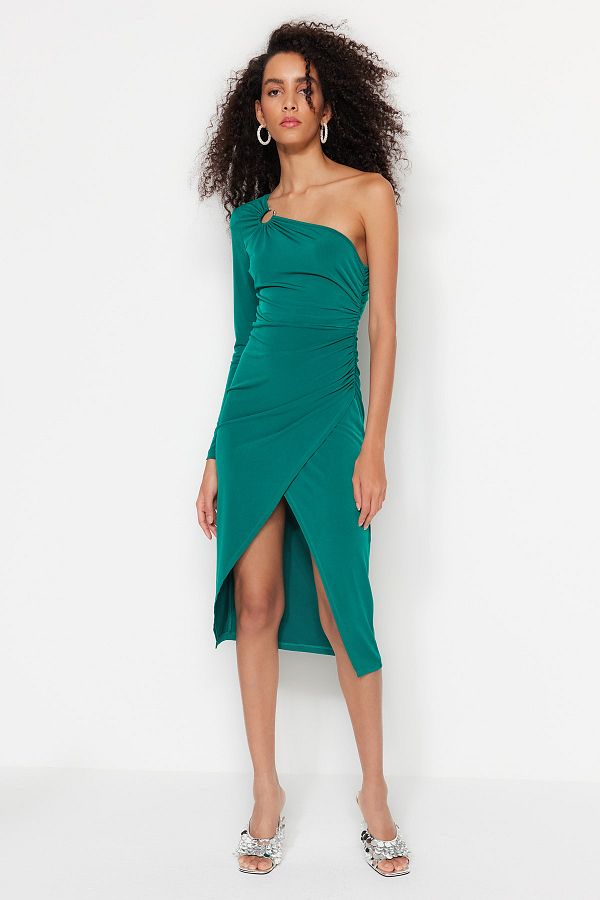 Trendyol Collection Emerald Green Double Breasted Knitted Evening Dress with Accessories TPRSS23EL00366 Trendyol