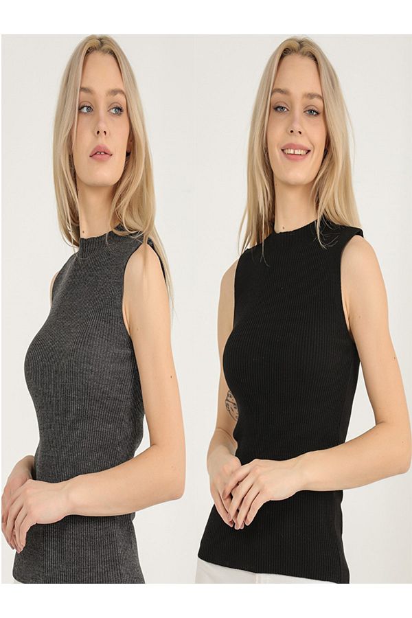 VEGENZE-Women's Anthracite Black Self-Collared Zero Sleeve Ribbed Stretchy Knitwear Sweater 1