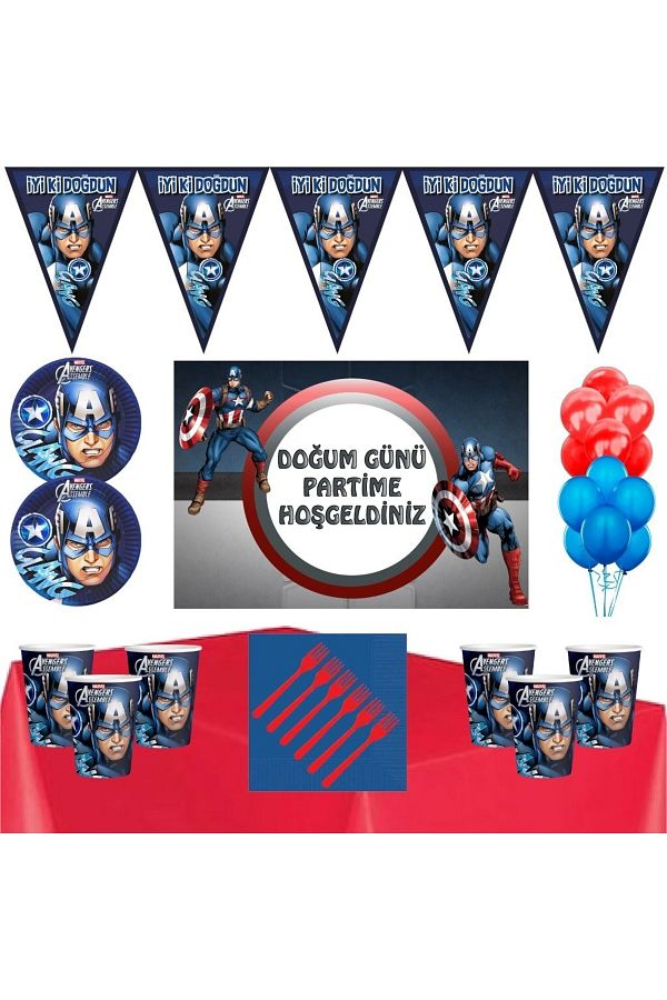 kullanatparti-Captain America Theme Birthday Party Ornaments for 24 People with Banner+captain America Party Supplies Set 1