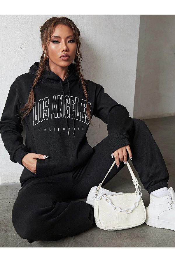 MODAR CH Women s Black Los Angeles Bottom Top Tracksuit Set Oversize Hooded Trendyol
