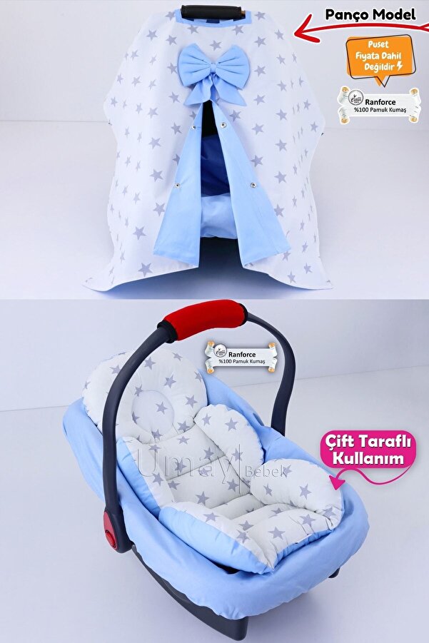 Umaybebek 3 Parça - Puset Örtüsü, Bel Destekli Puset Minderi, Puset Çarşafı, %100 Pamuk - Panço