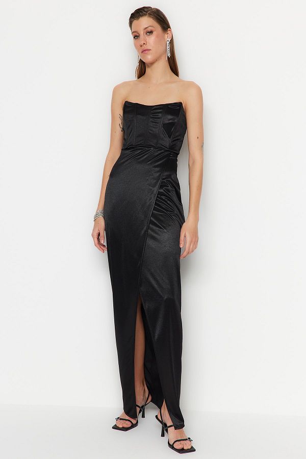 Trendyol Collection-Rochie de seara lunga din satin tricotat cu captuseala neagra TPRSS23AE00006 1