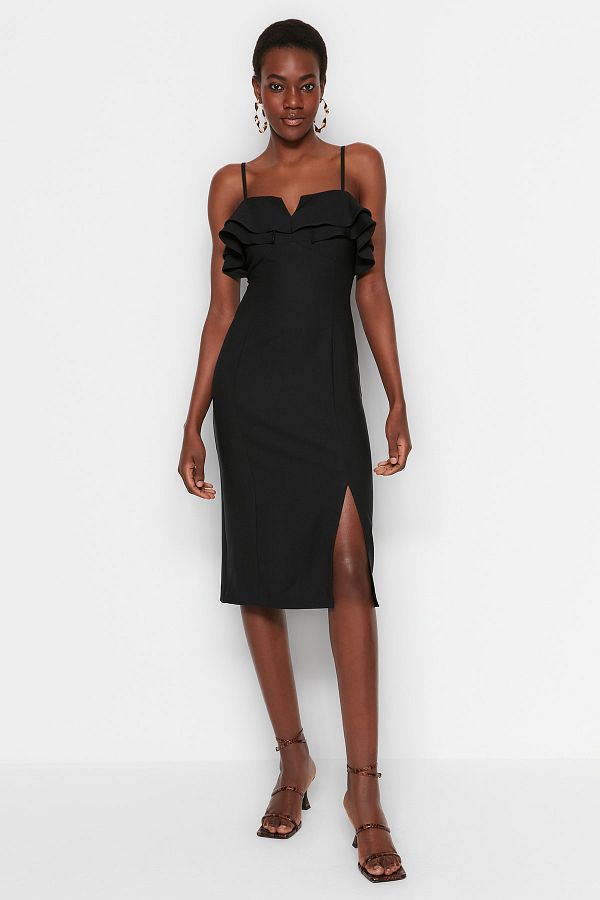 Trendyol Collection Black Straight Cut Midi Woven Collar Detailed Woven Dress TWOSS23EL00141 Trendyol