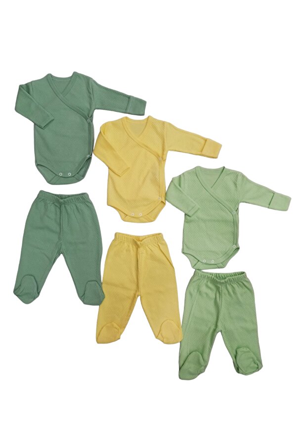 bebedino Uzun Kollu Kendinden Eldiven Çıtçıtlı Kruvaze Badi Ve Patikli Alt ( 3 Takım Küf-sarı-çağla)