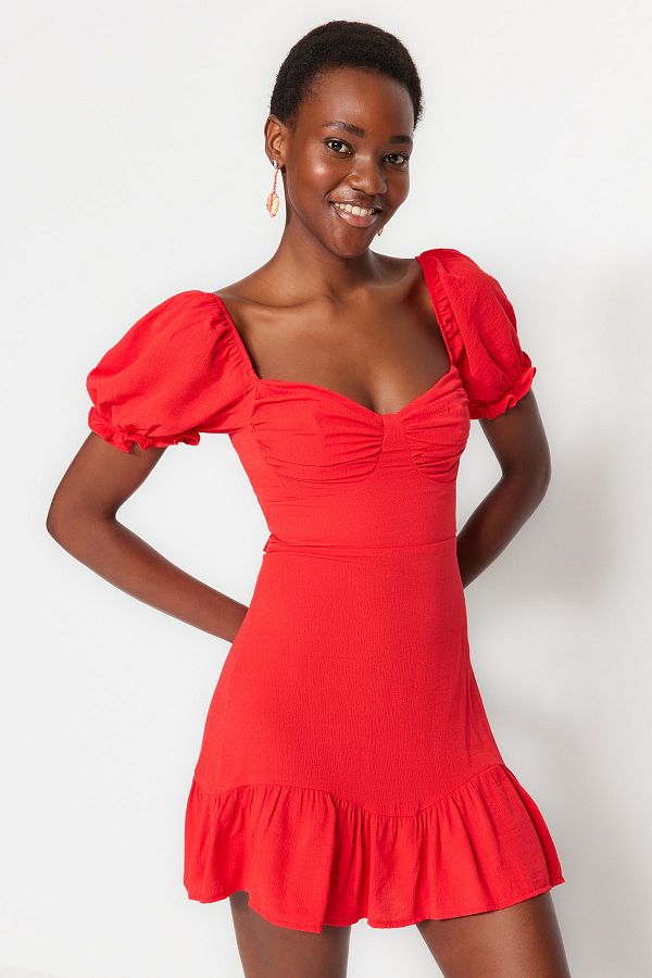 Trendyol Collection Red Fitted Mini Woven Draped Beach Dress TBESS23EL00052 Trendyol