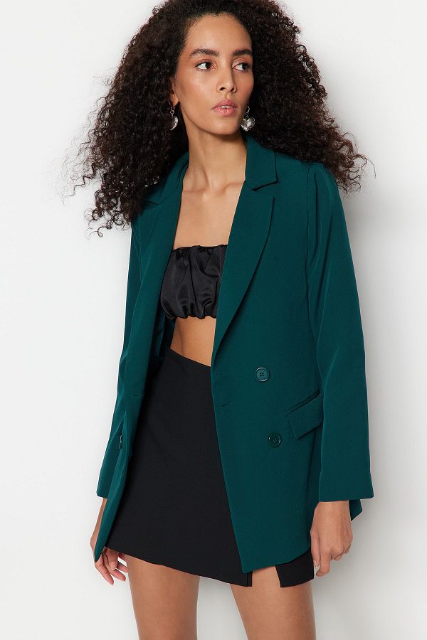 Trendyol Collection-Βενζίνη κανονική γραμμή με κουμπιά Λεπτομερές υφαντό σακάκι TWOAW21CE0264 1