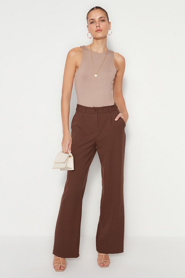 Trendyol Collection-Tmavě hnědé plisované kalhoty se širokým pasem - Twoaw21Pl0076 1