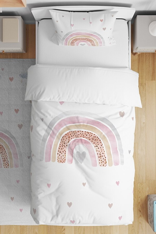 Evpanya Pudra Kalpli Gökkuşağı Desenli Tek Kişilik Bebek Çocuk Nevresim Takımı