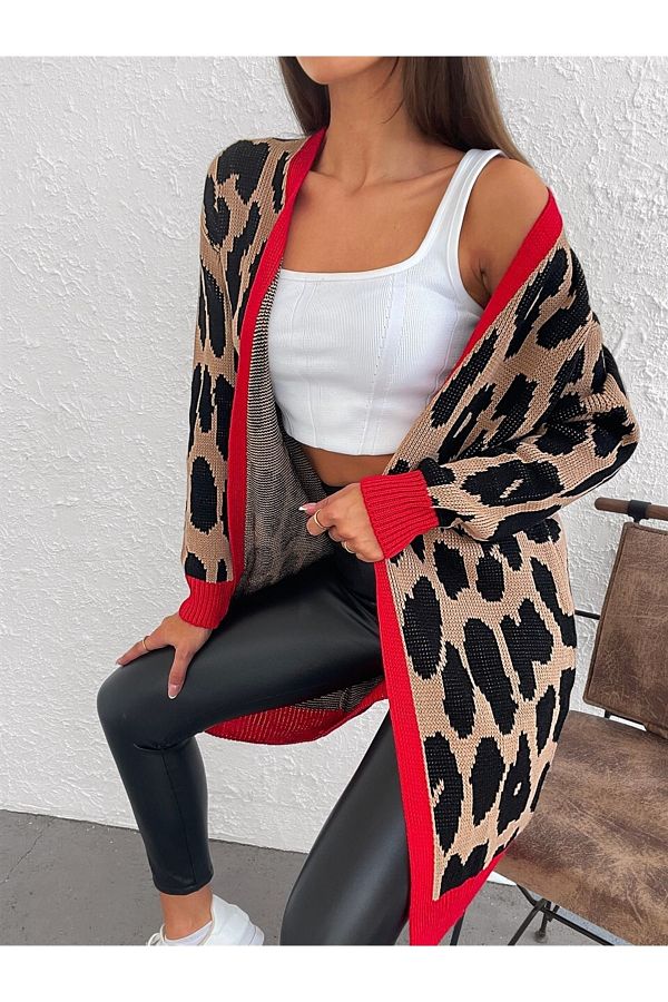 AQE FASHION Leopard Patterned Stripe Detailed Long Black Brown Coral Colored Cardigan Trendyol