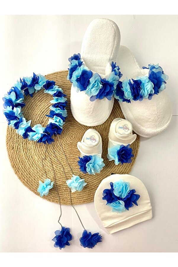 irembaby Anne Bebek Lohusa Seti Mavi Çiçekli Lohusa Tacı Terlik Bebek Ayakkabı Ve Bebek Şapkası Lohusa Takımı