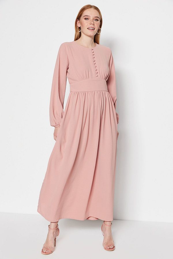 Trendyol Modest-Corsaj de trandafiri uscat și rochie detaliată cu nasturi acoperite cu material Aerobin TCTSS23EB00254 1