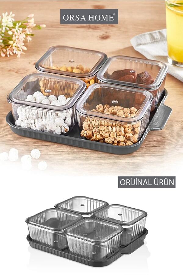 ORSA HOME-4 Compartment Covered Tray Striped Pattern Luxury Breakfast Modern Presentation Set and Storage Container 1