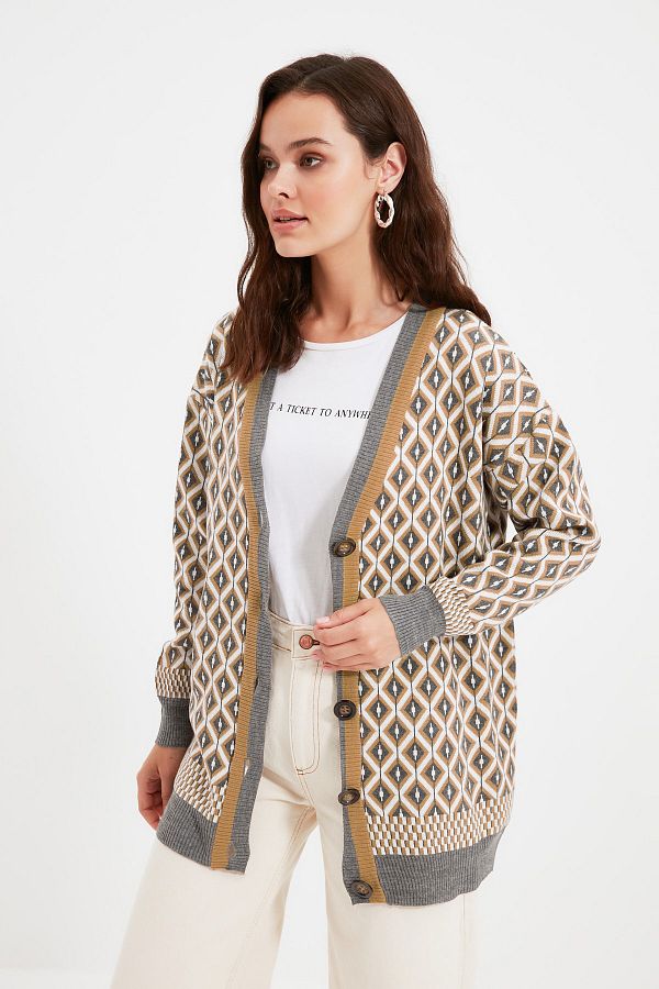 Trendyol Modest-Šedý žakárový knoflík s detailním úpletem Cardigan TCTAW22TH0013 1