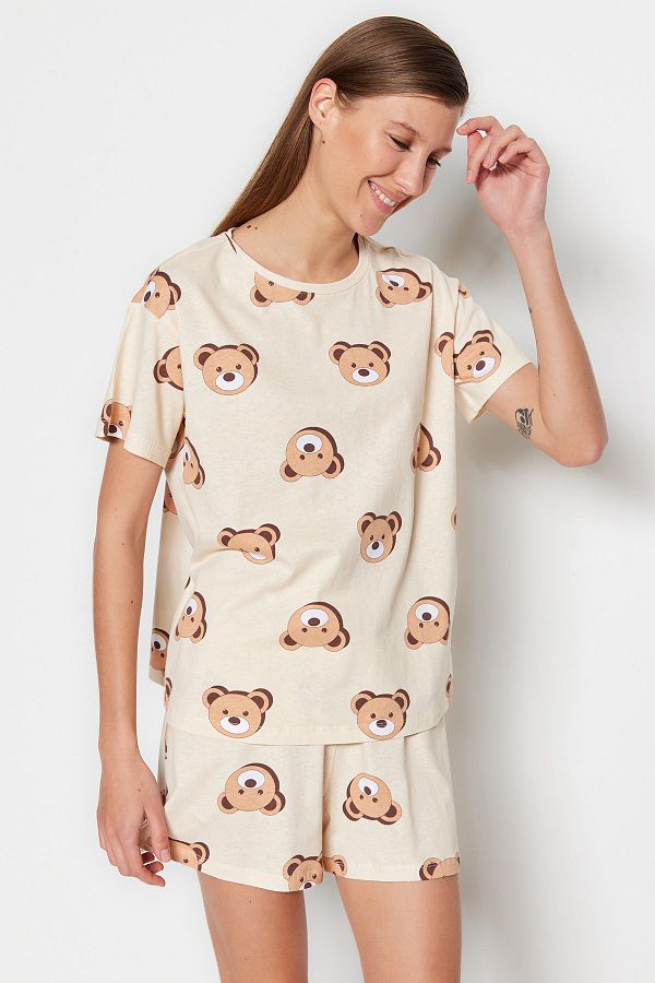 Trendyol Collection-Pyjama-Set aus 100 % Baumwolle mit Ecru-Shorts – THMSS23PT00005 1