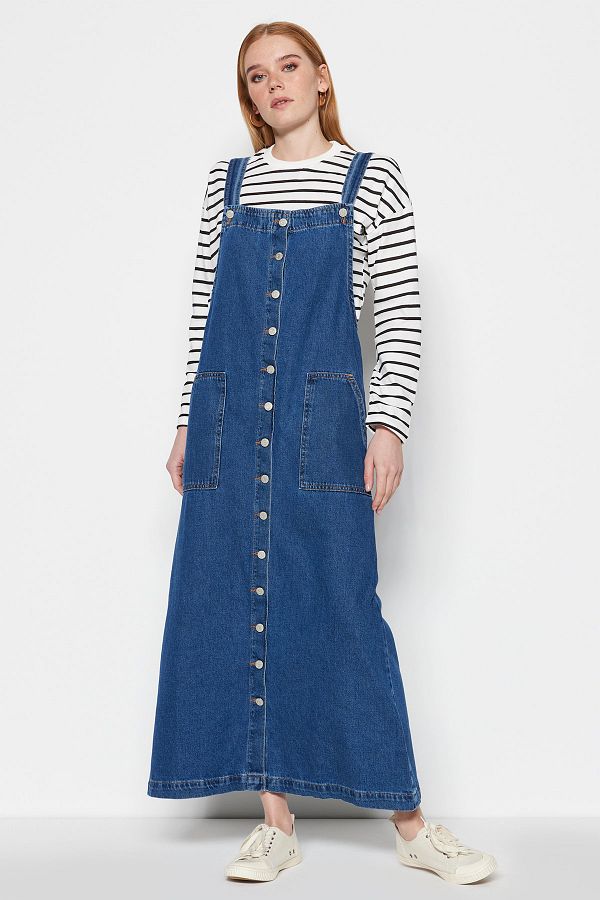 Trendyol Modest-Rochie de blugi de denim cu nasturi albastre TCTSS23EB00230 1