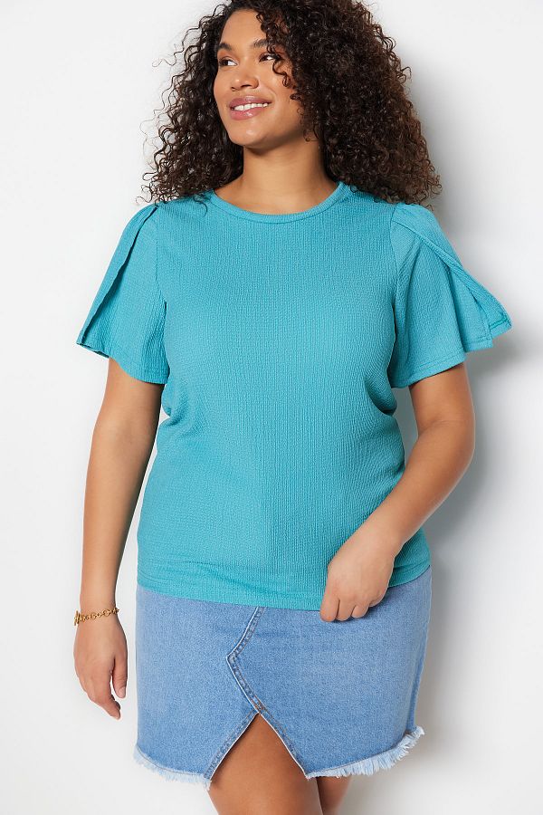 Trendyol Curve-Petrol Crew Neck Sleeves Pleated Knitted Blouse TBBSS23CP00004 1