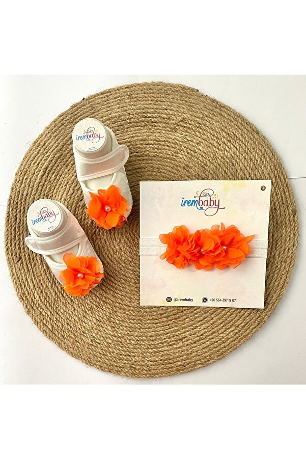 irembaby Bebek Lohusa Seti Turuncu Çiçekli Bebek Ayakkabısı Ve Bebek Saç Bandı Lohusa Takımı Çekim-mevlüt
