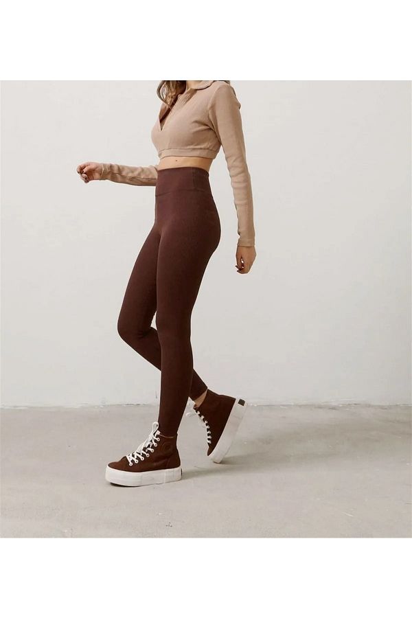 Oxfashion Brown Corded Striped Leggings High Waist Sports Recovery Leggings