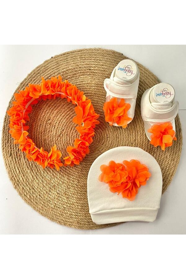 irembaby Anne Bebek Lohusa Seti Turuncu Çiçekli Lohusa Tacı Bebek Ayakkabısı Ve Bebek Şapkası Lohusa Takımı