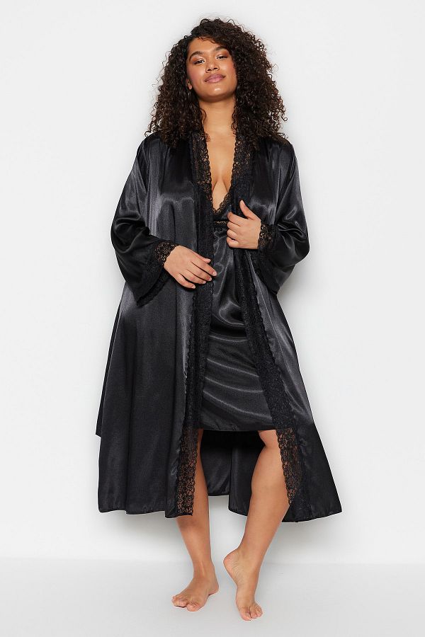 Trendyol Curve Black Plain Satin Dressing Gown Trendyol