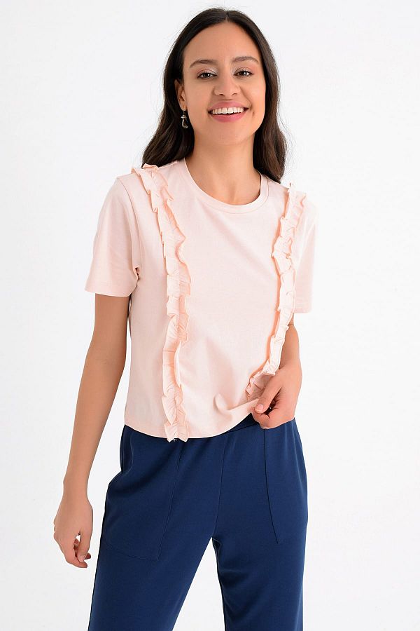 Hanna's by Hanna Darsa-Women's Salmon Frilly Neck Hanna's Embroidered T-shirt Hn1663 1