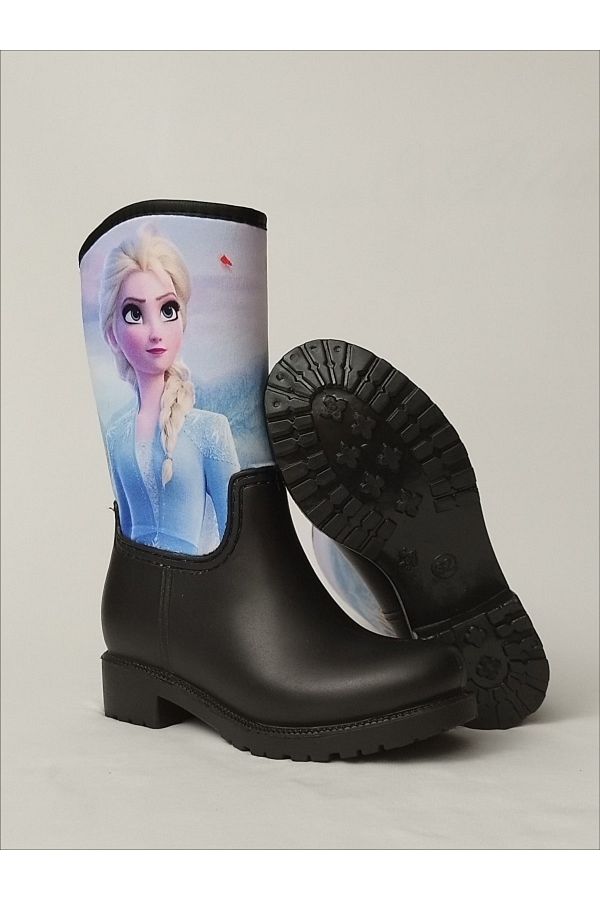 Sea Blue Elsa Frozen Printed Black Waterproof Girl s Rain Boots Trendyol