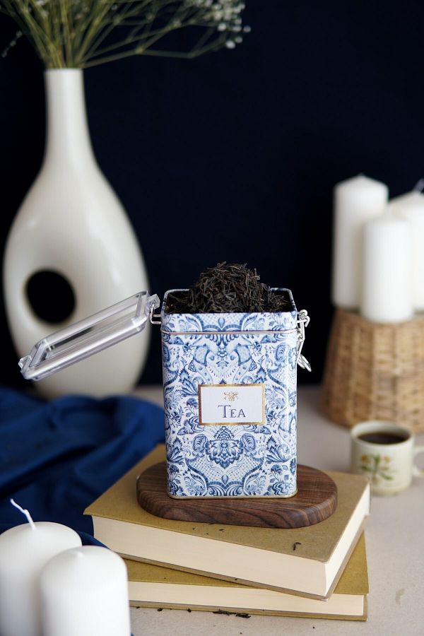 EVLE-Er043-y2 Azulejos Tea Patterned Rectangular Metal Storage Container 8x10 Cm 1