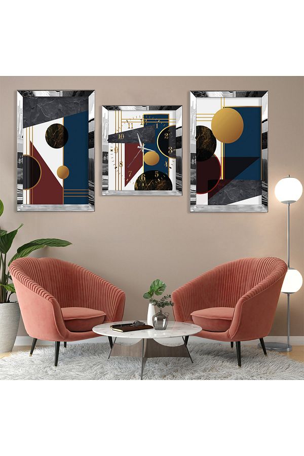 Zevahir Mobilya Dekorasyon-Abstract Pattern Silver Plexi Edge Triple Mdf Table Set and Clock Set 1