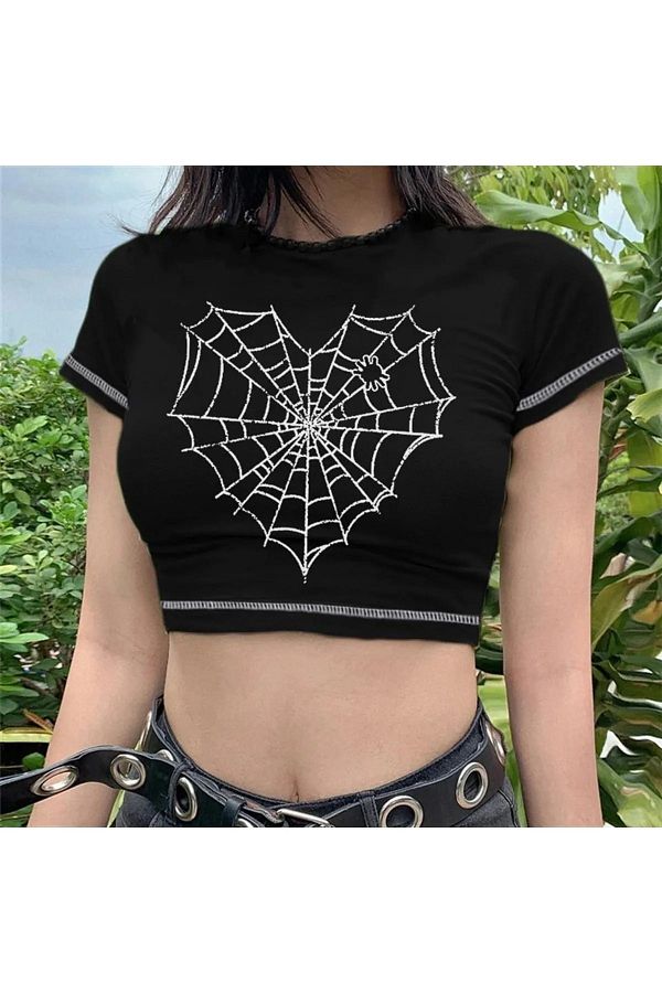 Gofeel-Heart Web Printed Spider Web Short Sleeve Reverse Stitch Black Color Crop Tshirt 1