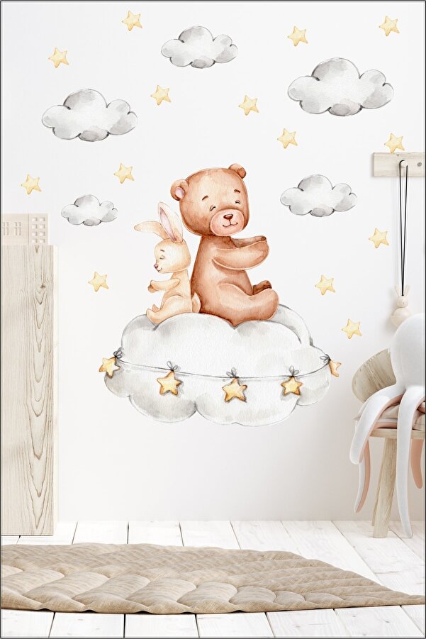 PANDA SOKAĞI Sevimli Tavşanlı Ayıcık Ve Bulutlar Çocuk Bebek Odası Sticker Seti - Sıkıştırılmış Hali 50x50