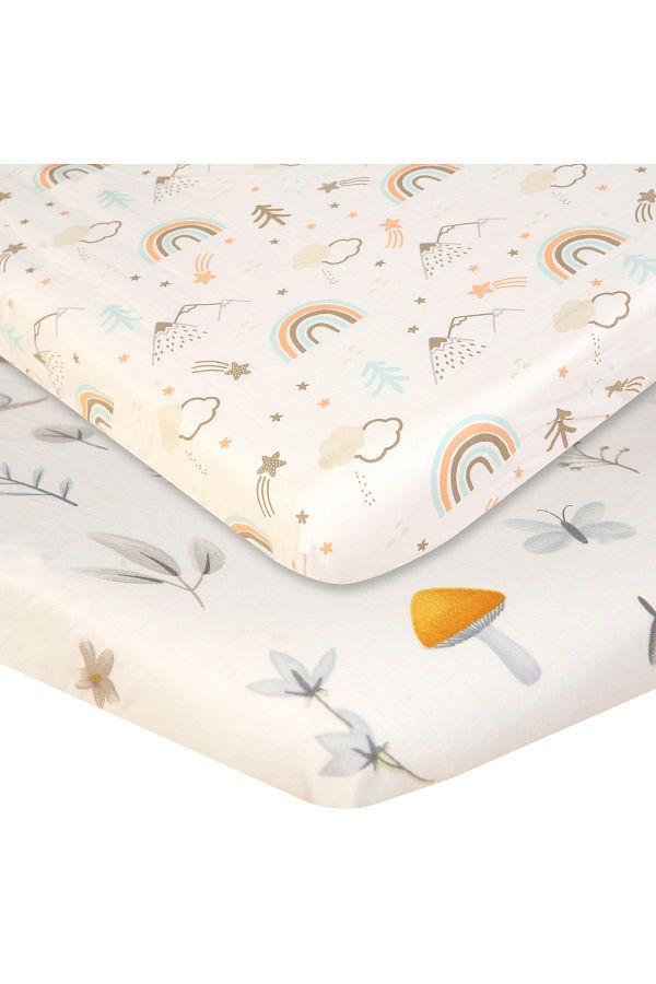 NAB-Mother's Side Crib Sheet with Elastic 2 Different Patterns Rainbow and Snail 60x90 +12 CmSet of 2 1