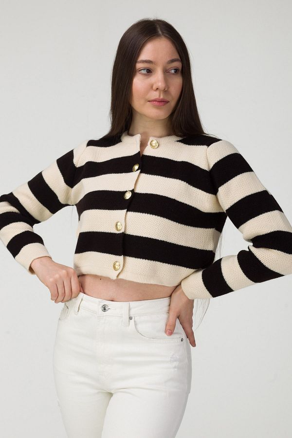 MODAGEN Women s Beige White Striped Gold Buttoned Knitwear