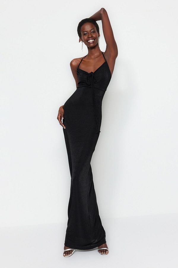 Trendyol Collection-Rochie de seară lungă cu sclipici, tricotată pe corp, neagră TPRSS23AE00113 1