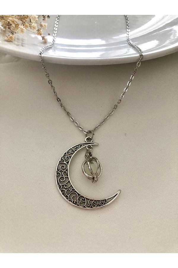 Moon necklace silver glow in the dark shop
